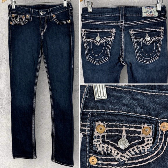 True Religion High Rise Straight Jeans Dark Blue Womens Sz 27 Bling Flap Pockets - Picture 1 of 14
